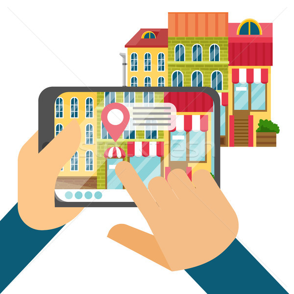 Hands holding tablet with augmented reality app. Stock photo © RAStudio