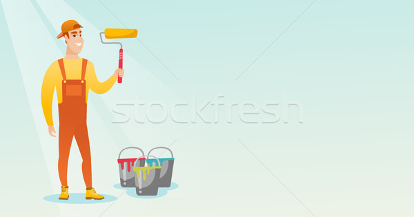 Painter holding paint roller vector illustration. Stock photo © RAStudio