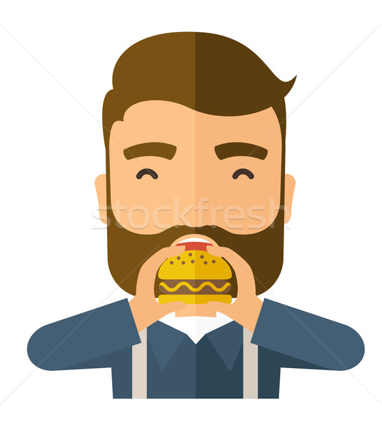 Stockfoto: Man · gelukkig · eten · hamburger · kantoor
