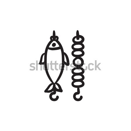 Stock photo: Skewer with shish kebab and fish vector line icon.