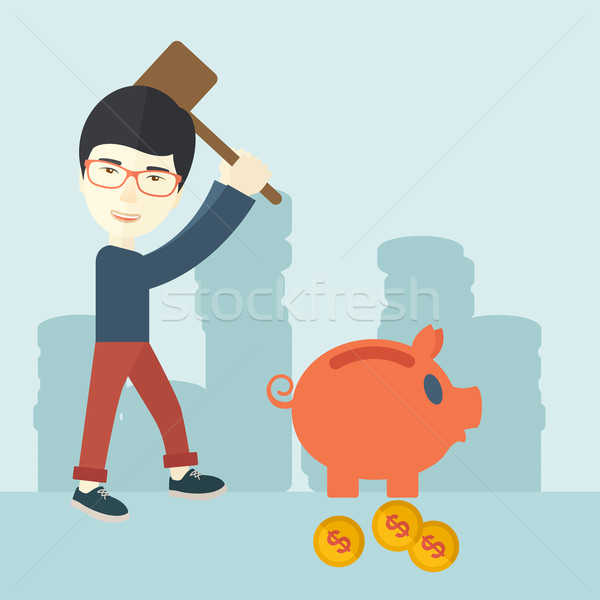 Chinesisch guy halten Hammer Sparschwein Geschäftsmann Stock foto © RAStudio
