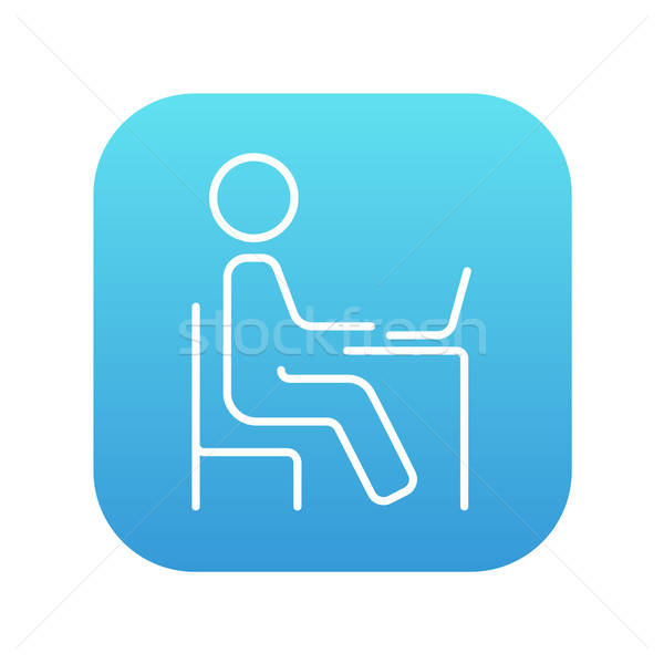 Stock photo: Student sitting on chair in front of laptop line icon.