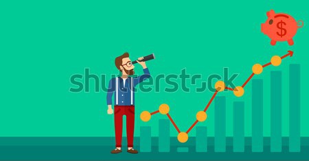 Stock photo: Man looking through spyglass at piggy bank.