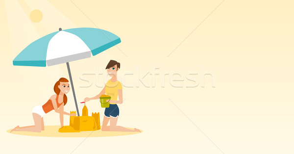 [[stock_photo]]: Amis · bâtiment · sandcastle · plage