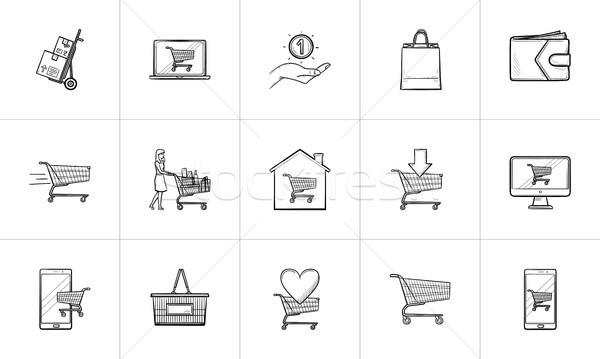 Stock photo: Online shopping and e-commerce hand drawn outline doodle icon set.