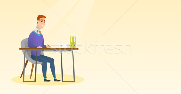 журналист Дать ноутбук карандашом сидят таблице Сток-фото © RAStudio