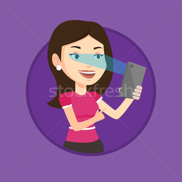 Nő írisz szkenner mobiltelefon mosolyog kaukázusi Stock fotó © RAStudio