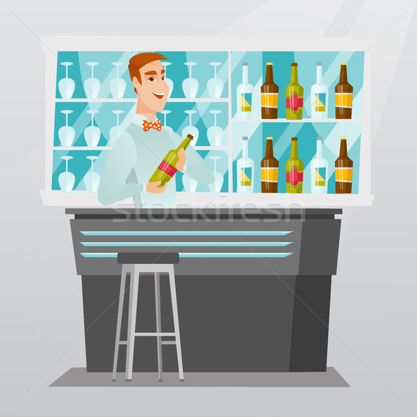 Barman în picioare bar contracara tineri caucazian Imagine de stoc © RAStudio