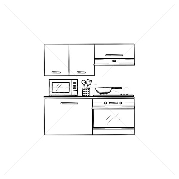 Kitchen interior and appliances hand drawn outline doodle icon. Stock photo © RAStudio