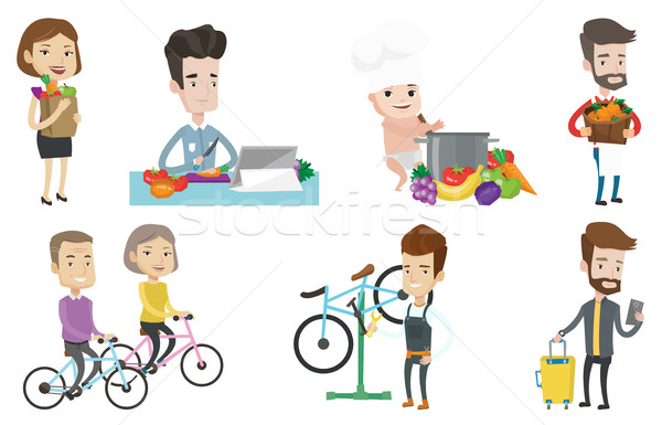 Stock photo: Vector set of people eating and traveling.