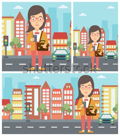 Stock photo: Camerawoman with video camera vector illustration.