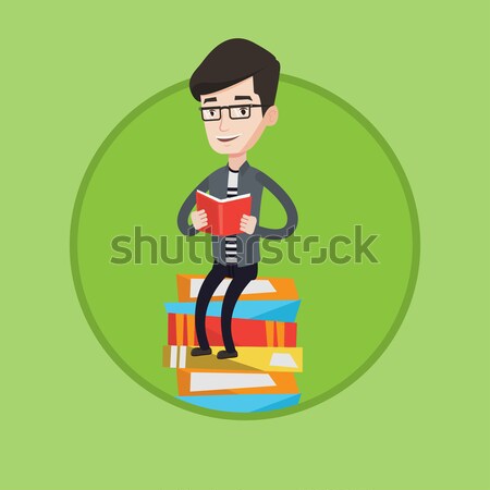 Student sitting on huge pile of books. Stock photo © RAStudio