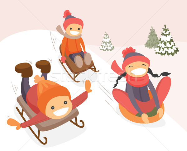 Group of caucasian kids enjoying a sleigh ride. Stock photo © RAStudio
