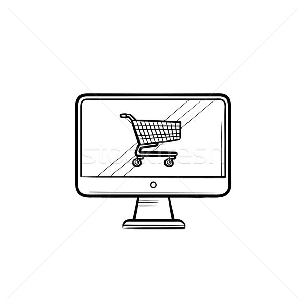 Foto stock: Pantalla · del · ordenador · cesta · de · la · compra · dibujado · a · mano · garabato · icono