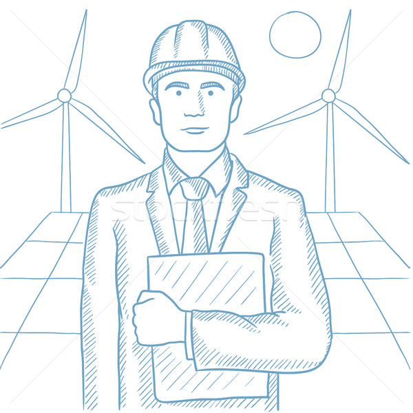 Male worker of solar power plant and wind farm. Stock photo © RAStudio