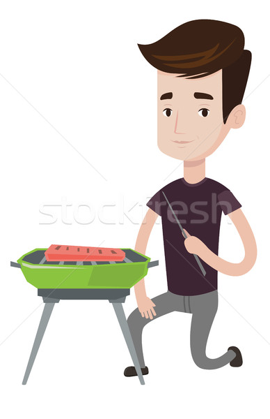 Man cooking meat on barbecue vector illustration. Stock photo © RAStudio