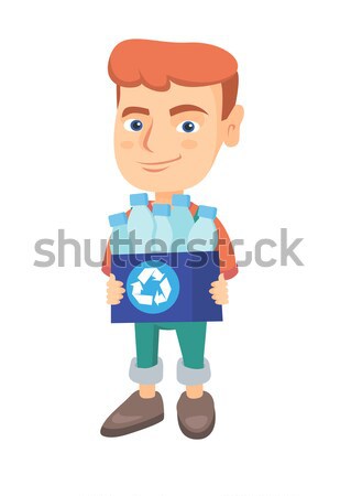 Stock photo: Boy holding recycling bin full of plastic bottles.