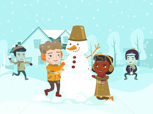 Multicultural crianças boneco de neve jogar bola de neve Foto stock © RAStudio