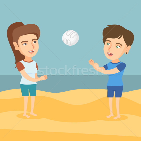 Foto stock: Dois · caucasiano · mulheres · jogar · praia · voleibol