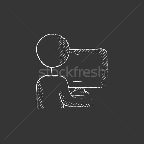 Foto stock: Homem · trabalhando · computador · giz · ícone