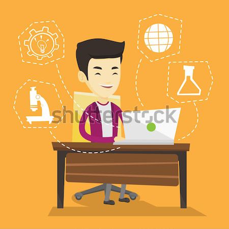 Stock photo: Student working on laptop vector illustration.
