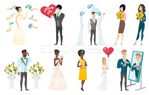 Stock fotó: Menyasszony · vőlegény · vektor · illusztrációk · szett · esküvő
