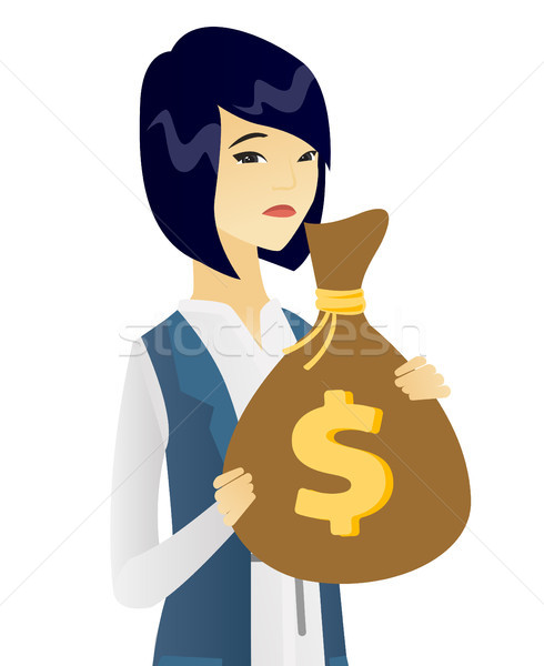 Upset asian business woman with bag full of taxes. Stock photo © RAStudio