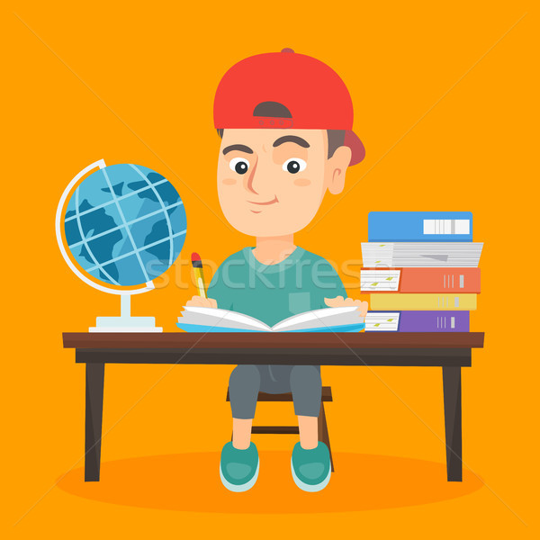 Boy Sitting At The Desk And Writing In Notebook Vector