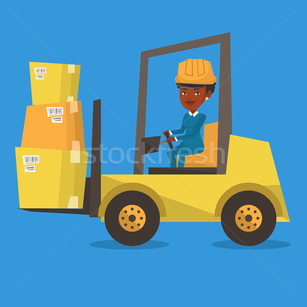 Stock photo: Warehouse worker moving load by forklift truck.