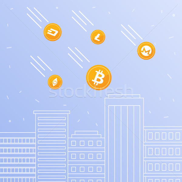 Cryptocurrency coins falling to the downtown skyscrapers. Stock photo © RAStudio