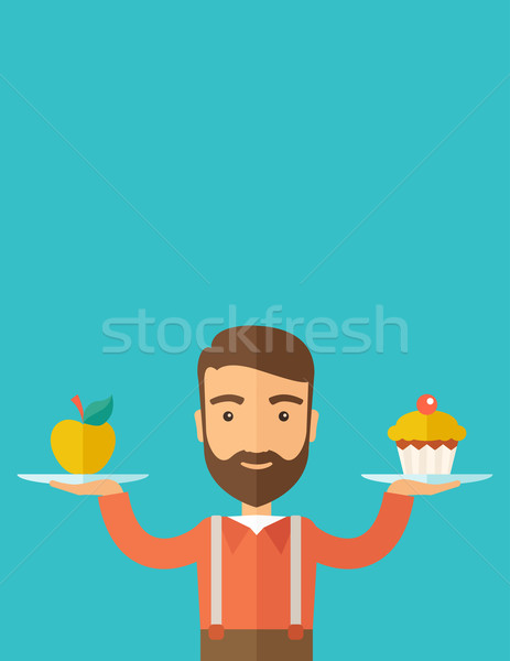 Man carries with his two hands cupcake and apple. Stock photo © RAStudio
