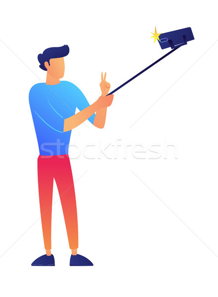 Stock photo: Vlogger taking selfie with a selfie stick vector illustration.