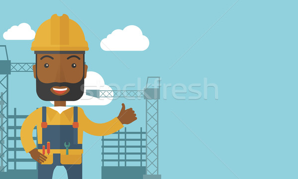 Foto stock: Homem · negro · em · pé · construção · guindaste · torre · preto