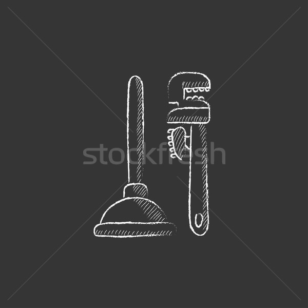 Pipe wrenches and plunger. Drawn in chalk icon. Stock photo © RAStudio
