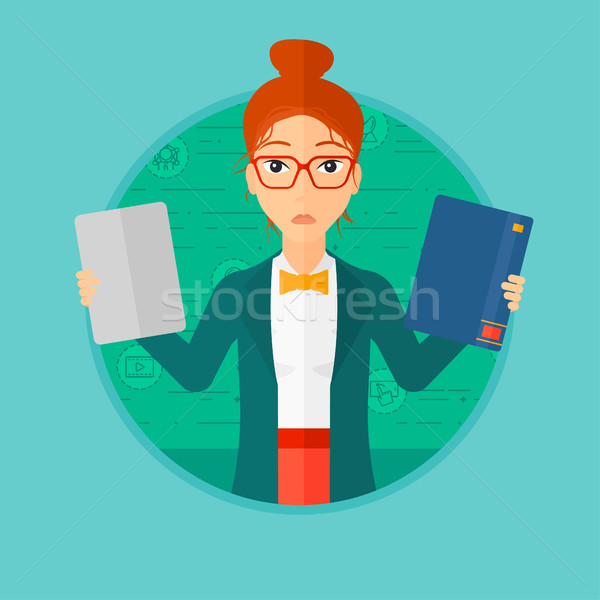 Woman choosing between book and tablet computer. Stock photo © RAStudio