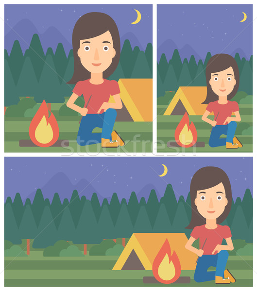 Woman kindling campfire vector illustration. Stock photo © RAStudio