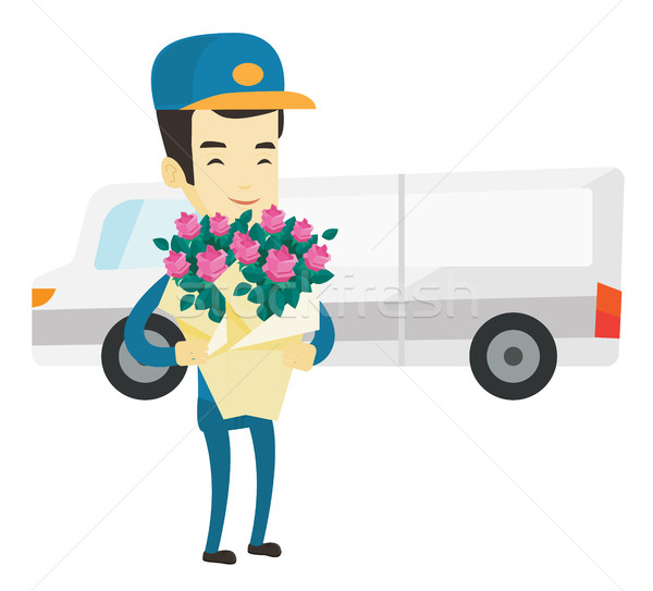 Delivery courier holding bouquet of flowers. Stock photo © RAStudio