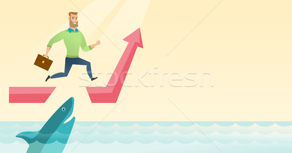 Stock photo: Business woman jumping over ocean with shark.