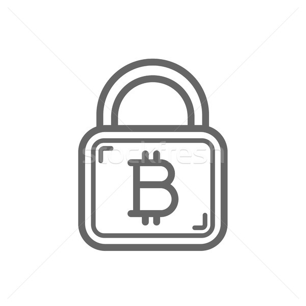 Stock photo: Bitcoin security sign on the lock - line icon.