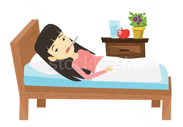 Sick woman with thermometer laying in bed. Stock photo © RAStudio