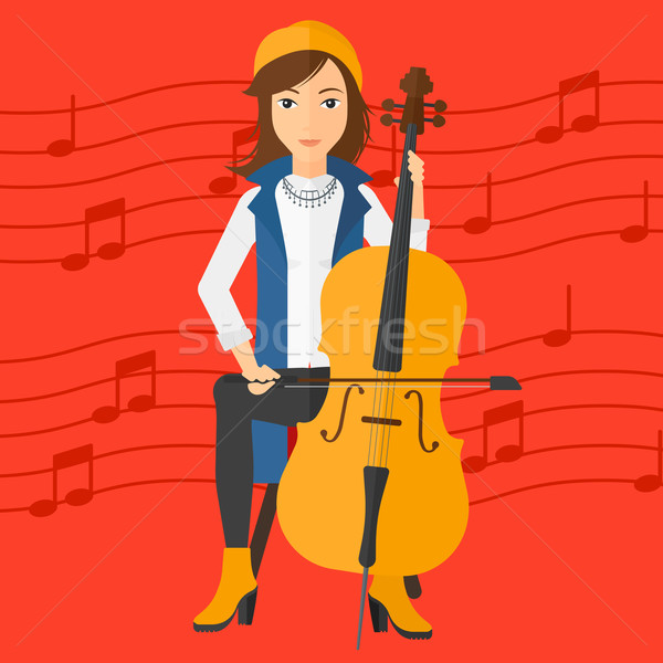 Foto stock: Mujer · jugando · cello · rojo · notas · musicales · vector
