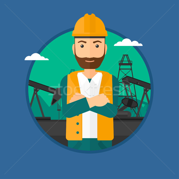Ölarbeiter Hipster einheitliche Helm Arme stehen Stock foto © RAStudio