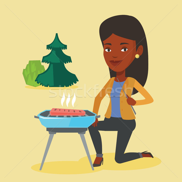 Foto stock: Mulher · cozinhar · bife · churrasqueira · sessão · parque