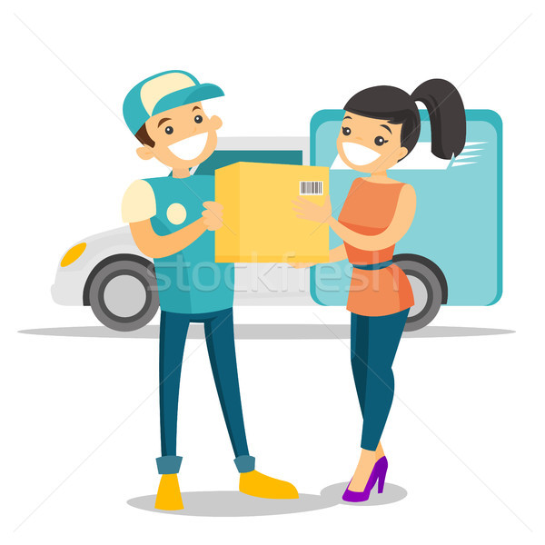 Courrier paquet femme homme blanc Ouvrir la livraison Photo stock © RAStudio