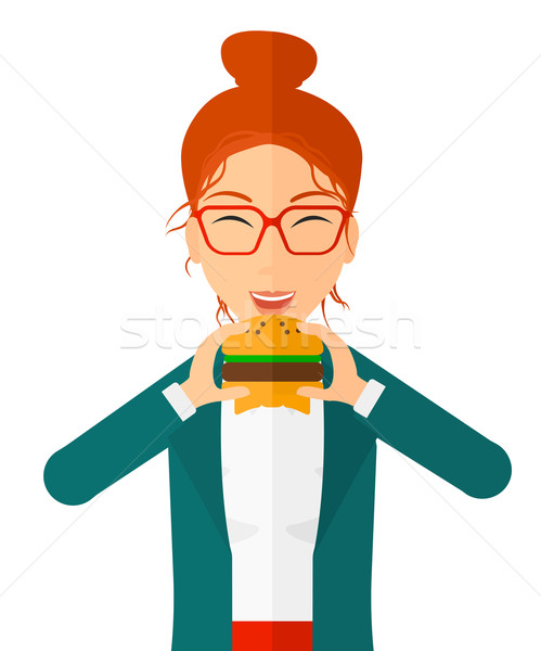 Foto stock: Mujer · comer · hamburguesa · feliz · vector · diseno