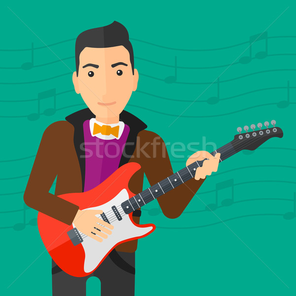 [[stock_photo]]: Musicien · jouer · guitare · électrique · homme · vert · clair · notes · de · musique