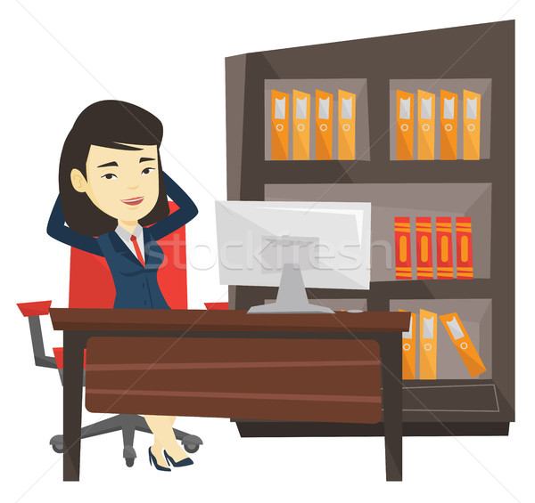 [[stock_photo]]: Satisfait · femme · d'affaires · détente · bureau · asian · séance