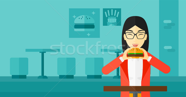 Vrouw eten hamburger asian cafe vector Stockfoto © RAStudio
