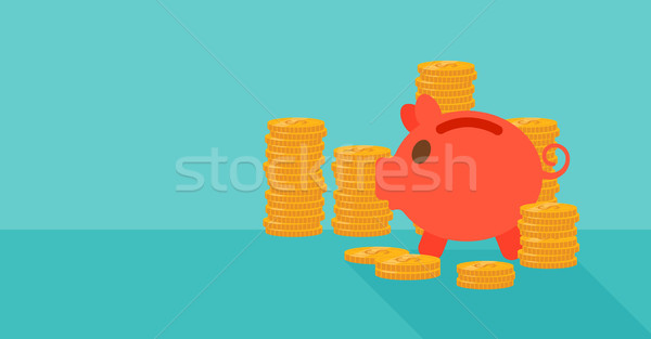 Stock photo: Blue background of piggy bank and golden coins.