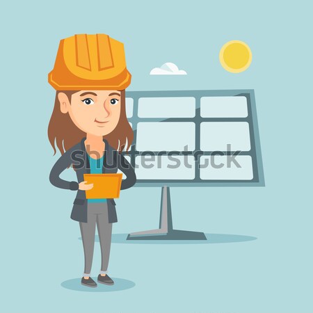 Foto stock: Feminino · trabalhador · energia · solar · planta · mulher · trabalhando